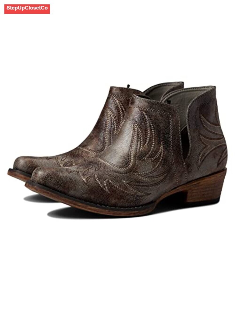Faux Leather Western Embroidered Ankle Boots with Block Heel